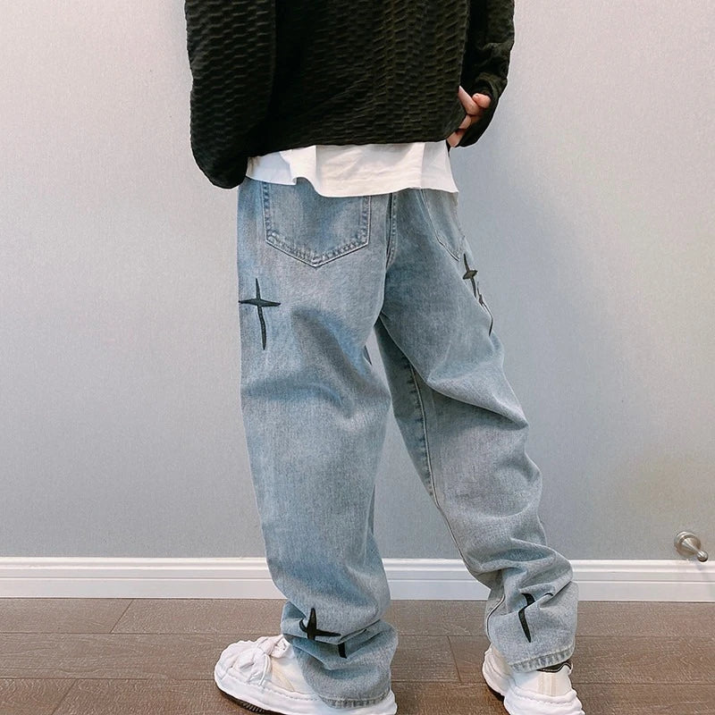 Prints Jeans Men 2023 New Streetwear Baggy Wide Leg Jeans Korean Fashion Drapes Straight Casual Loose Denim Cargo Pants - Tasawoq