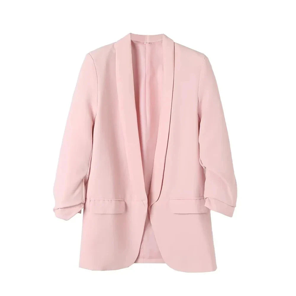 TRZA Women Fashion Office Wear Open Blazer Coat Vintage Long Pleated Sleeves Flap Pockets Female Outerwear Chic Tops - Tasawoq