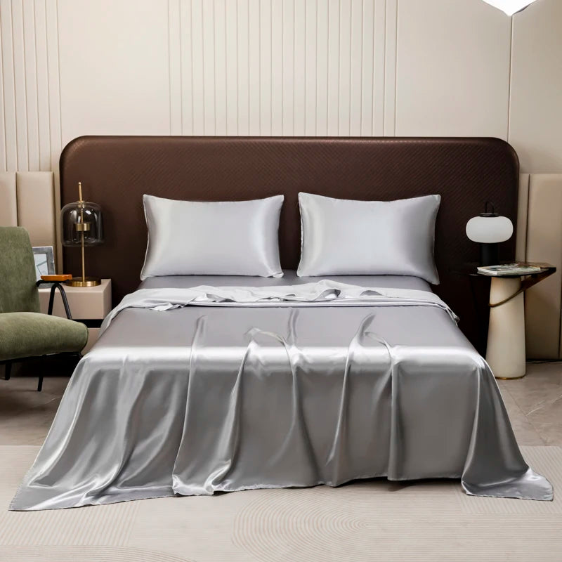 Satin Bed Sheet Sets for Summer Silky Smoooth Top Sheet with Pillowcase Single/Queen/King Ice Cooling Flat Bed Sheet Sets - Tasawoq
