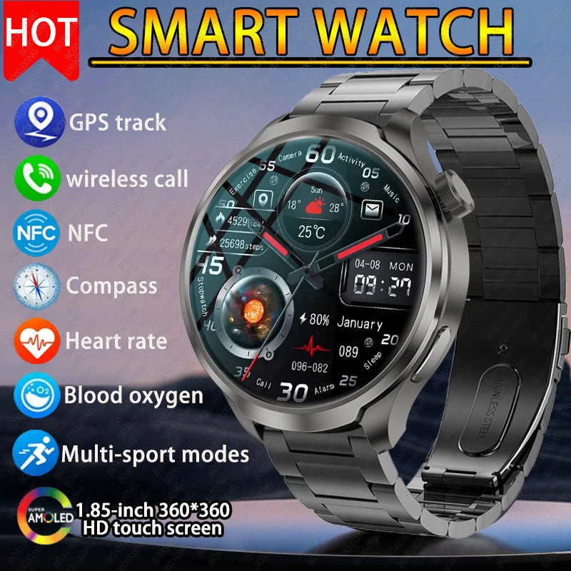 New 1.85"AMOLED HD Smart Watch Men GPS Outdoor Sports Compass Waterproof Watches NFC Health Monitor Bluetooth Call Smartwatch - Tasawoq