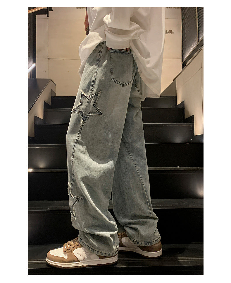 Star Embroidery Straight Casual Men Jeans Gothic Neutral New Wide Leg Loose Hip-hop Fashion Youth Streetwear Denim Trousers Y2K - Tasawoq