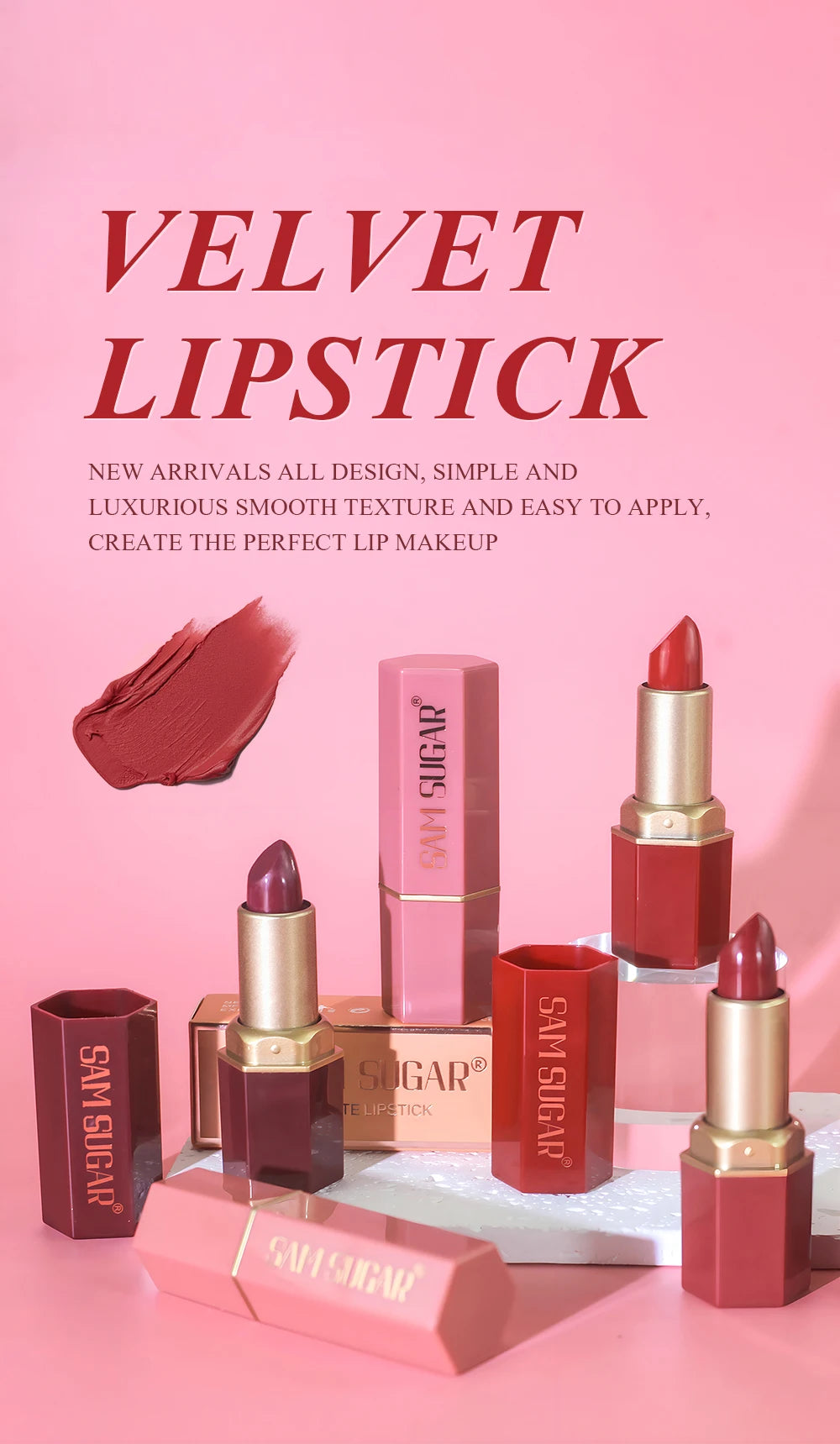 6 Colors Gold Bar Tube Lipstick Matte Texture Pearlescent Glitter Velvet Lipstick Valentine's Day Gift 1PCS - Tasawoq