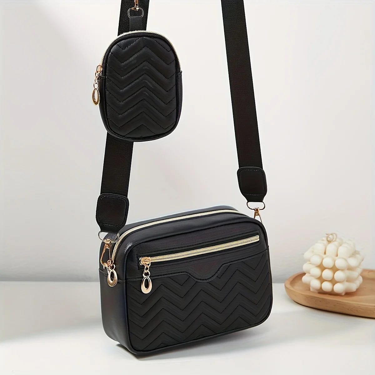 Casual Minimalist Shoulder Square Bag, With Mini Hanging Purse, Quilted Pattern Crossbody Bag For Women Two piece set - Tasawoq