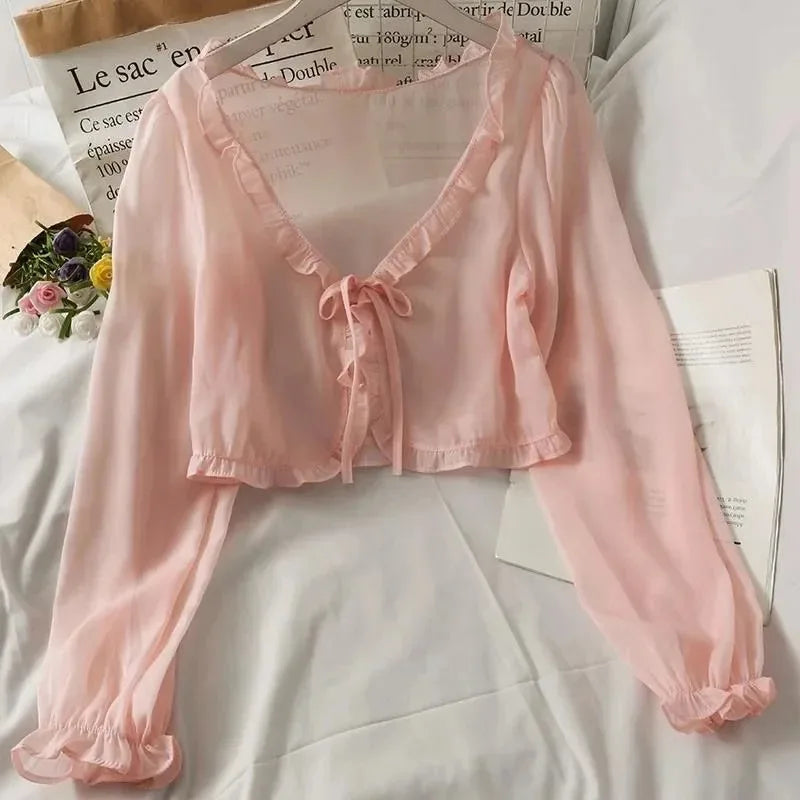 Women Thin Casual Lace Bow Summer Sun Protection Clothes Female Cardigan Shirt Clothing Tops Blouse For Woman - Tasawoq