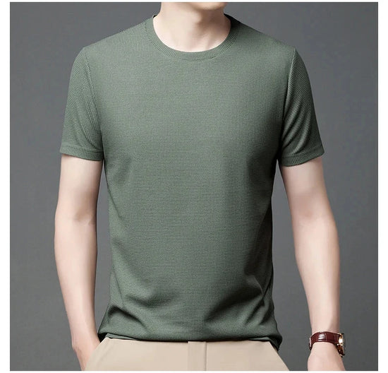 New Summer Waffle Round Neck Short Sleeved T-shirt for Men's Short Sleeved Top - Tasawoq