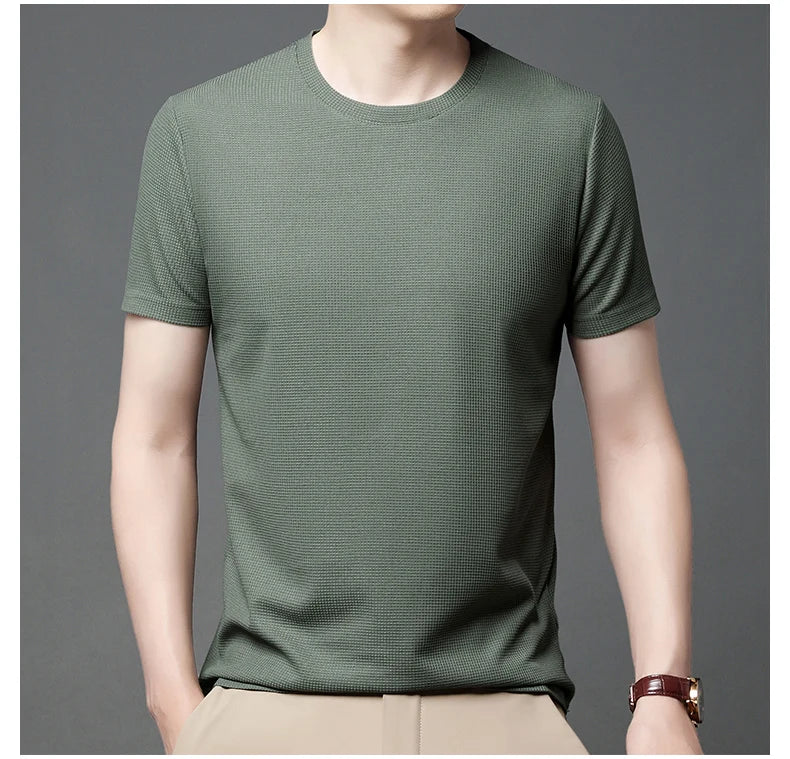 New Summer Waffle Round Neck Short Sleeved T-shirt for Men's Short Sleeved Top - Tasawoq