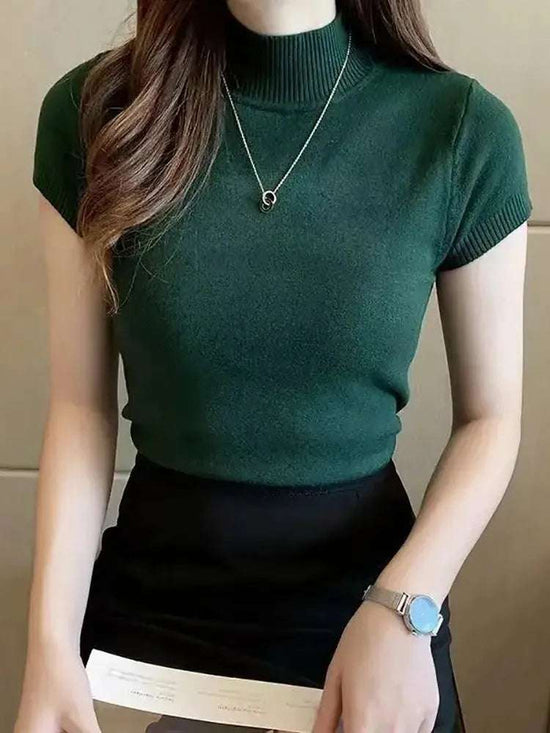 Women's Half-High Neck T-Shirt Fashion Jumper Casual Tops Korean Style Elegant Solid-Coloured Clothing Spring And Summer Season - Tasawoq