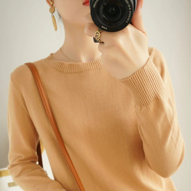 Women's 100% High-quality Cotton Knitted Sweater, Temperament Round Neck Top, Breathable And Versatile Pullover, Long Sleeved - Tasawoq