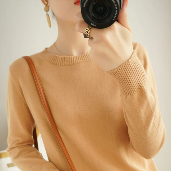 Women's 100% High-quality Cotton Knitted Sweater, Temperament Round Neck Top, Breathable And Versatile Pullover, Long Sleeved - Tasawoq