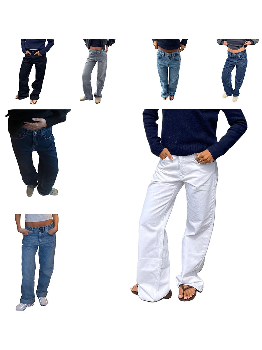 Combhasaki Women's Y2K Vintage Jeans Aesthetic Star Pattern Print Loose Straight Leg Denim Long Pants Casual Low Waist Trousers - Tasawoq