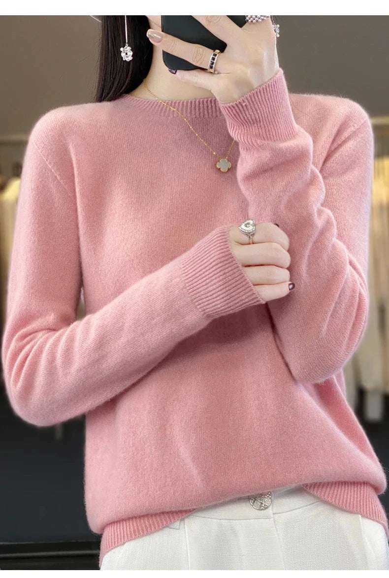 Women's 100% Beautiful Wool Round Neck Top Fashion Versatile Knitted Loose Long Sleeve Pullover Thin Sweater Yuan Ling - Tasawoq
