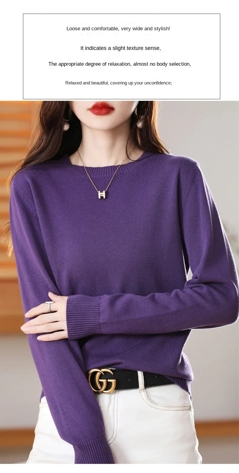 Women's 100% High-quality Cotton Knitted Sweater, Temperament Round Neck Top, Breathable And Versatile Pullover, Long Sleeved - Tasawoq