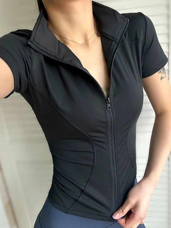 Summer High Quality Waist Slimming Training Tops Women's Quick-drying Tight Stand Collar Full Zipper Short Sleeves Yoga shirts - Tasawoq