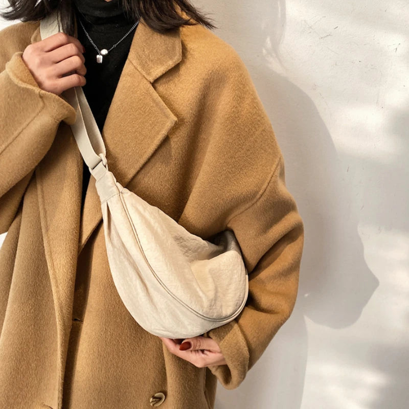 Solid Color Women's Portable Shoulder Bag Simple Female Nylon Cloth Padded Crossbody Bags Travel Purse Handbags Messenger Bag - Tasawoq