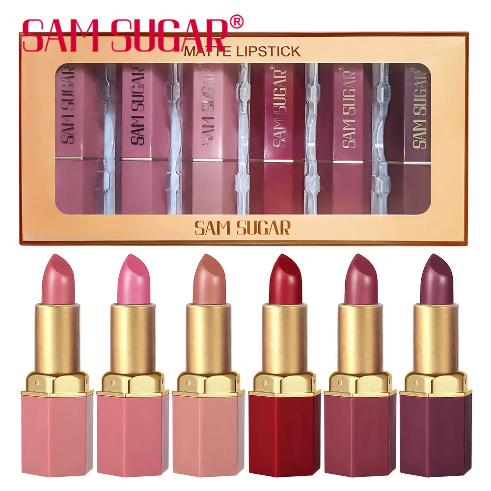 6 Colors Gold Bar Tube Lipstick Matte Texture Pearlescent Glitter Velvet Lipstick Valentine's Day Gift 6PCS - Tasawoq