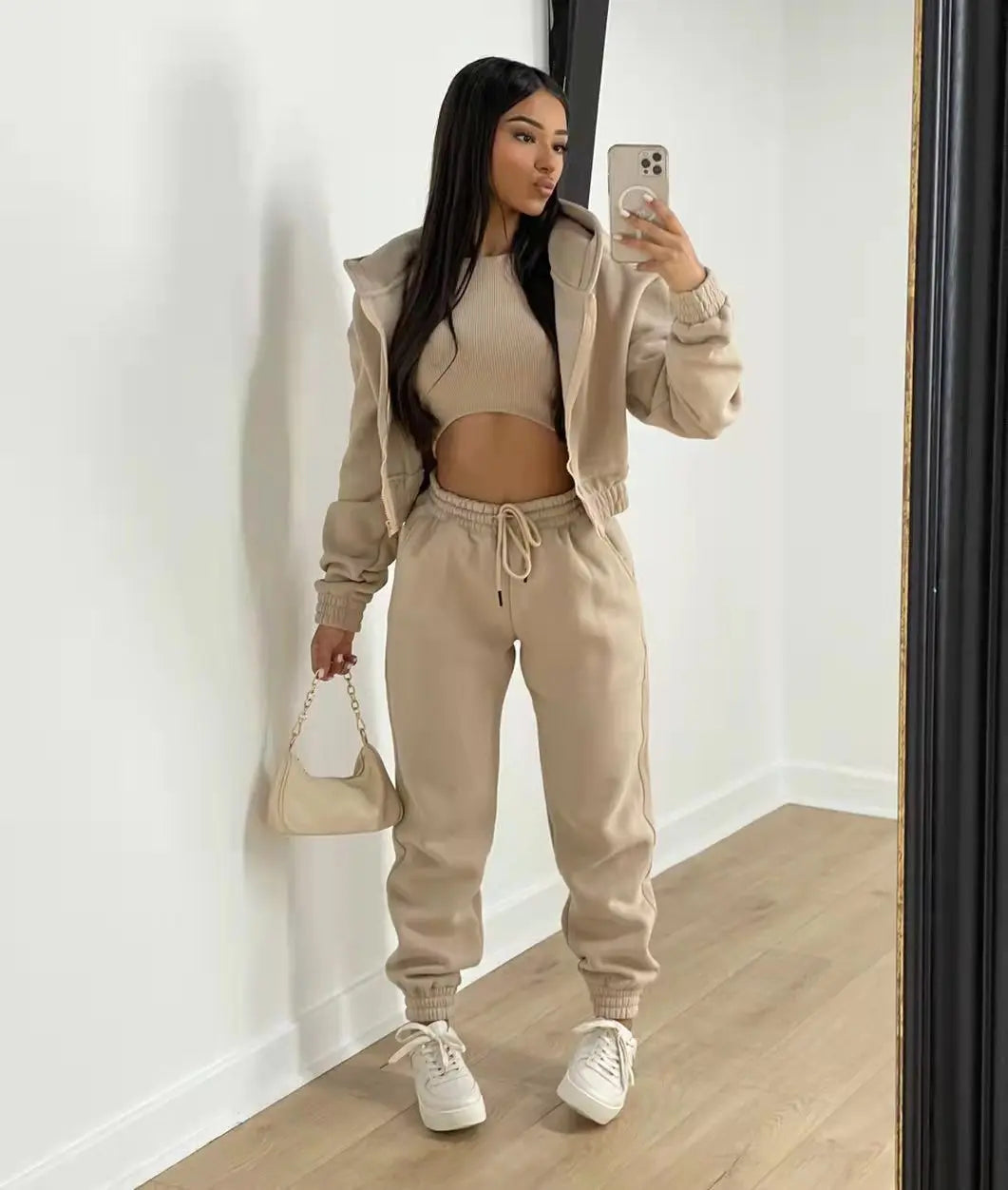 3pcs Women's Clothing Set Fleece-lined Hooded Sweater &Sleeveless Tank Top & Sports Sweatpants Pants - Tasawoq