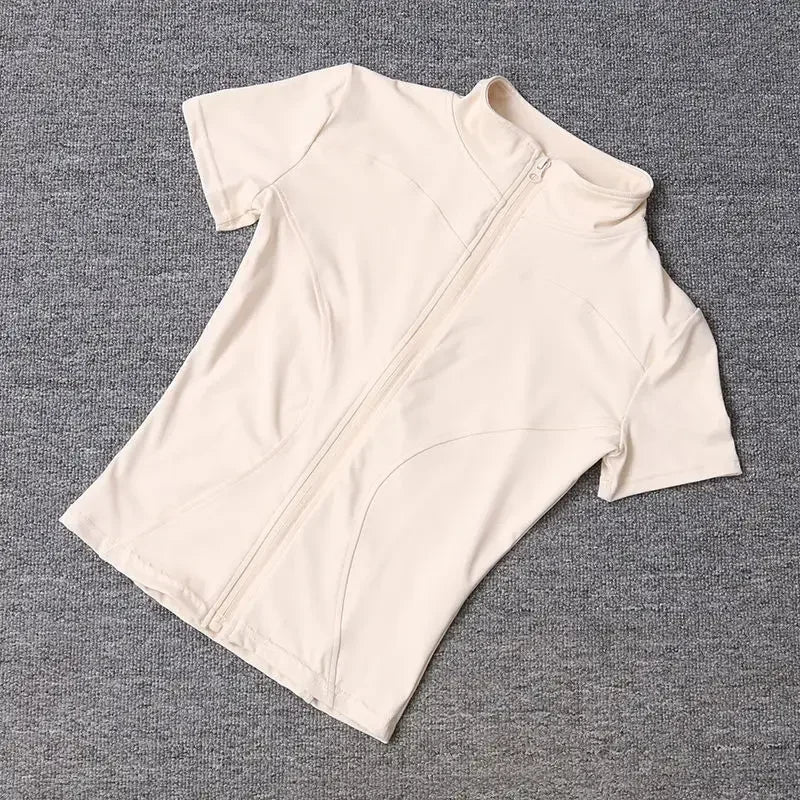 Summer High Quality Waist Slimming Training Tops Women's Quick-drying Tight Stand Collar Full Zipper Short Sleeves Yoga shirts - Tasawoq