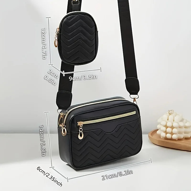 Casual Minimalist Shoulder Square Bag, With Mini Hanging Purse, Quilted Pattern Crossbody Bag For Women Two piece set - Tasawoq