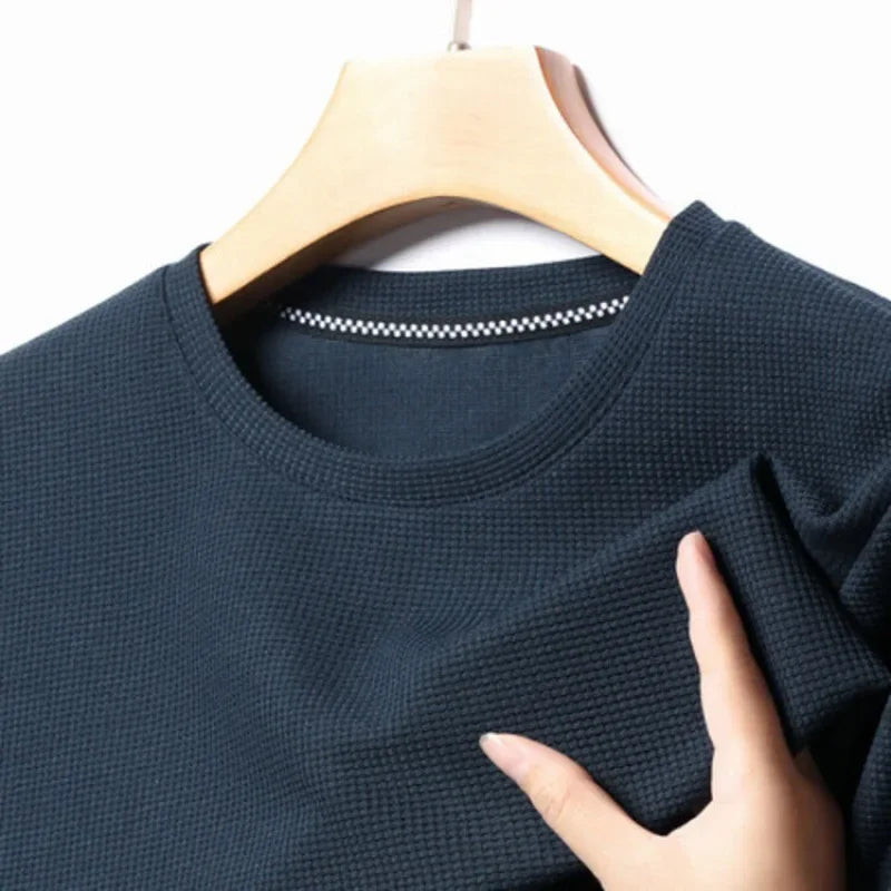 New Summer Waffle Round Neck Short Sleeved T-shirt for Men's Short Sleeved Top - Tasawoq