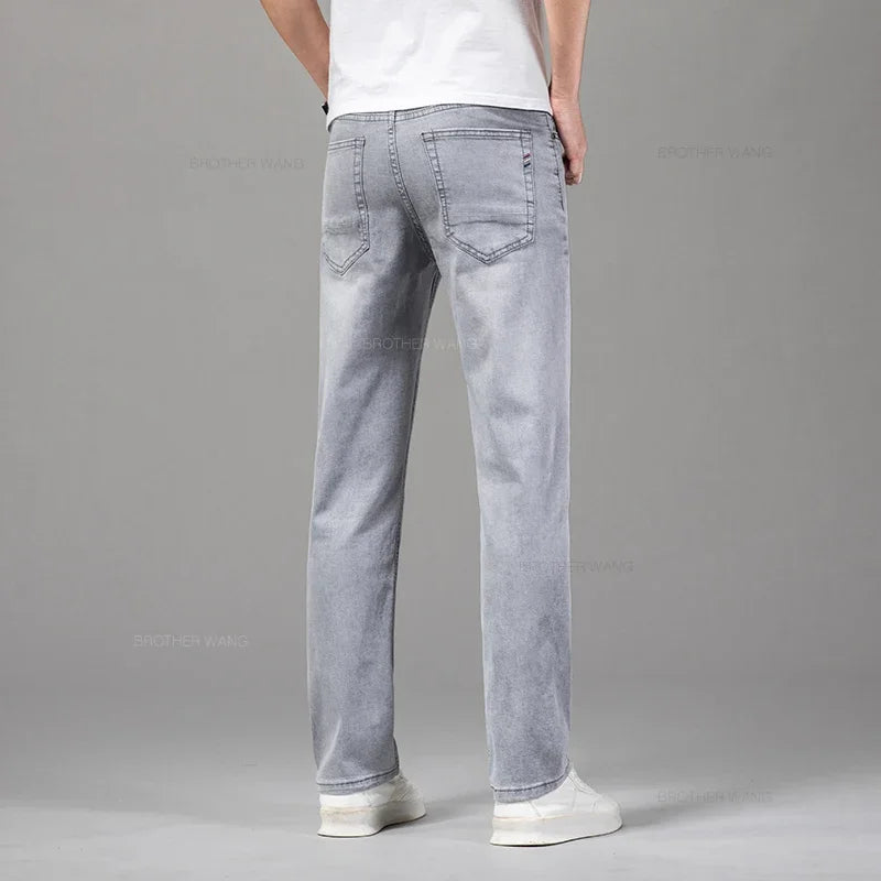 Summer Thin Men's Elastic Cotton Jeans Fashion Gray Comfortable Business Straight Casual Pants Brand Male Clothes Trousers - Tasawoq