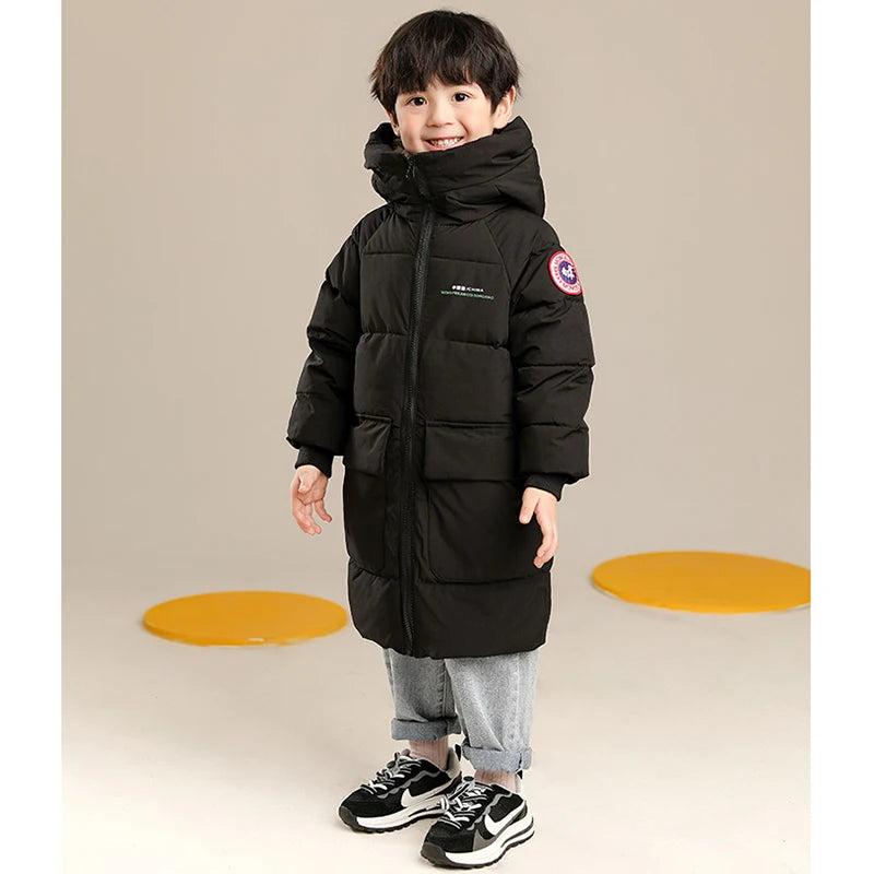2-10 Years Autumn Winter Boys Jacket Solid Color Long Style Keep Warm Hooded Coat For Kids Children Birthday Present - Tasawoq