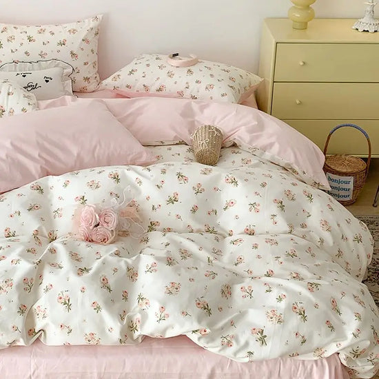 Pink Floral Bedding Set Soft Ins Single Double Queen Size Duvet Cover