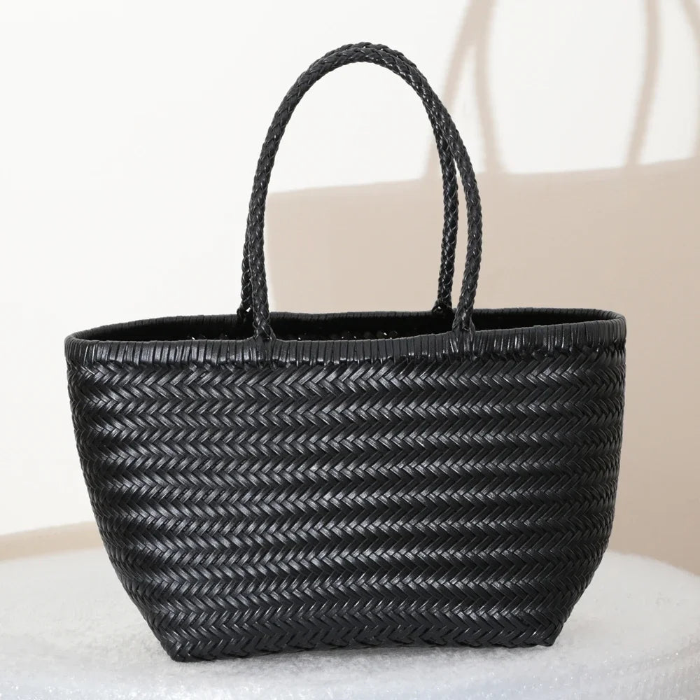 Handbags Women's Genuine Leather Shoulder Bag Weaving Casual Shopping Bag Vintage Big Tote Purse Cowhide Cross Hand Bags Lady - Tasawoq