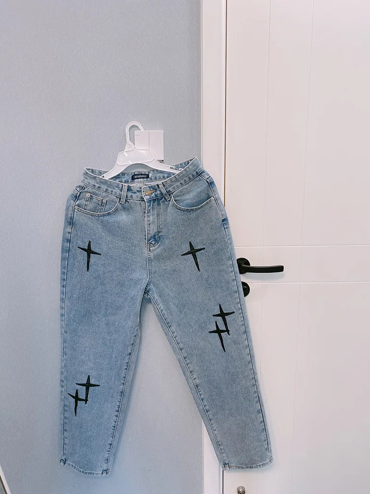 Prints Jeans Men 2023 New Streetwear Baggy Wide Leg Jeans Korean Fashion Drapes Straight Casual Loose Denim Cargo Pants - Tasawoq