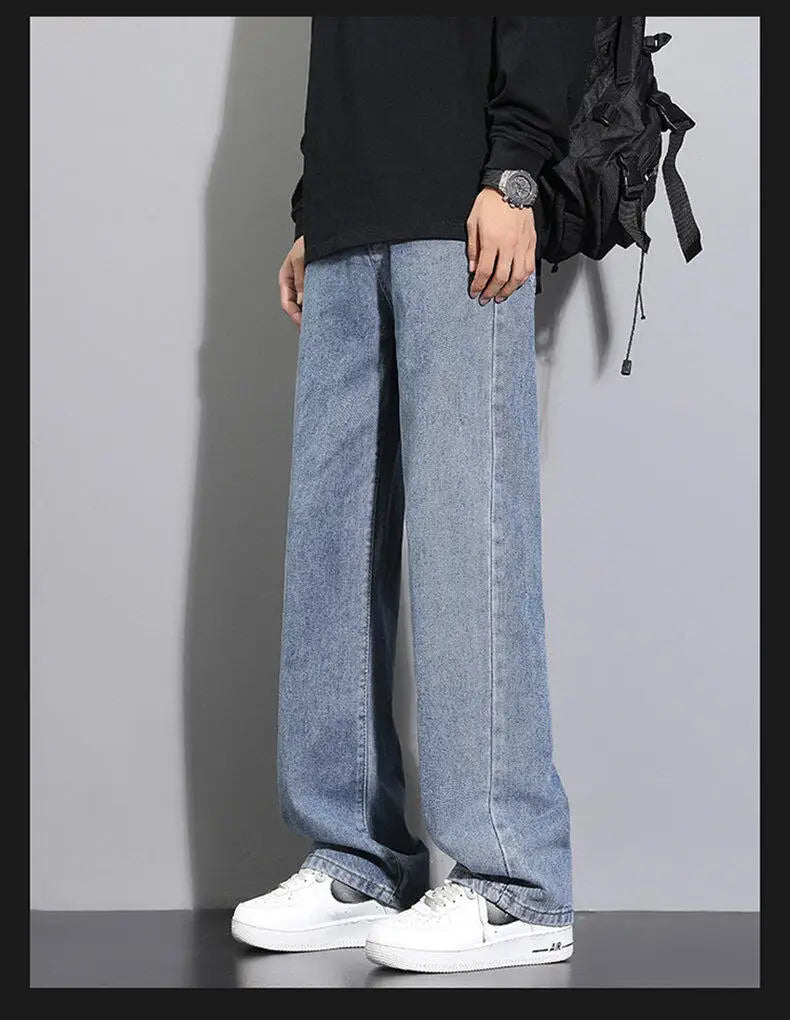 2025 New Korean Men's Casual Long Jeans Classic Man Straight Denim Wide-leg Pants Solid Color Light Blue Grey Black - Tasawoq