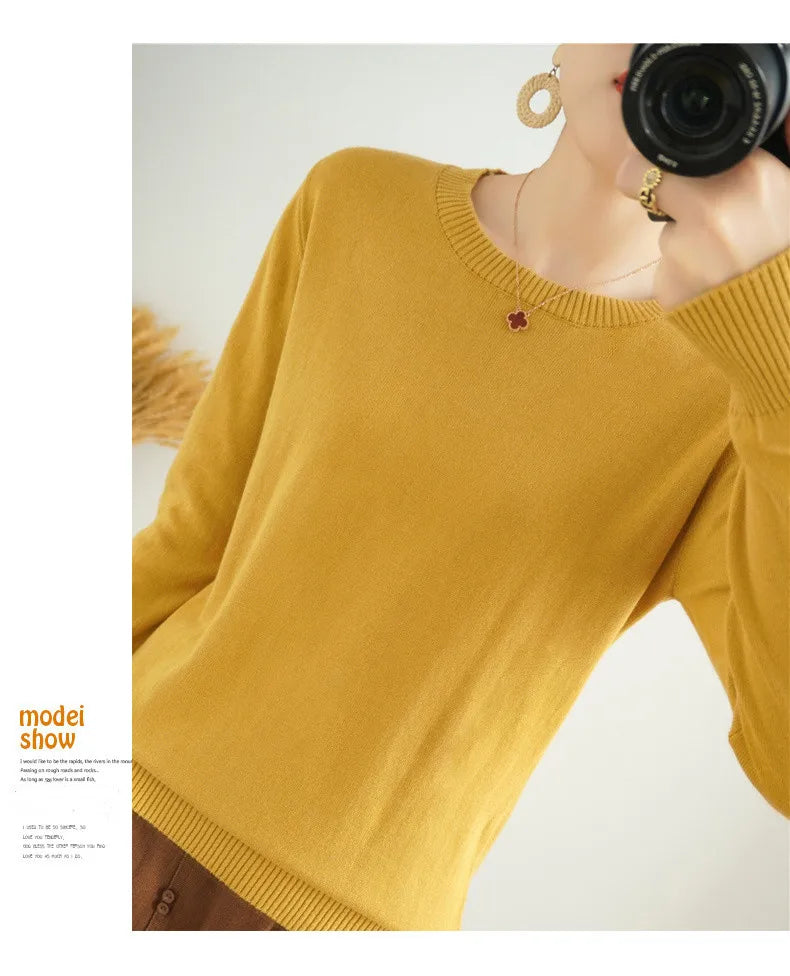 Women's 100% High-quality Cotton Knitted Sweater, Temperament Round Neck Top, Breathable And Versatile Pullover, Long Sleeved - Tasawoq