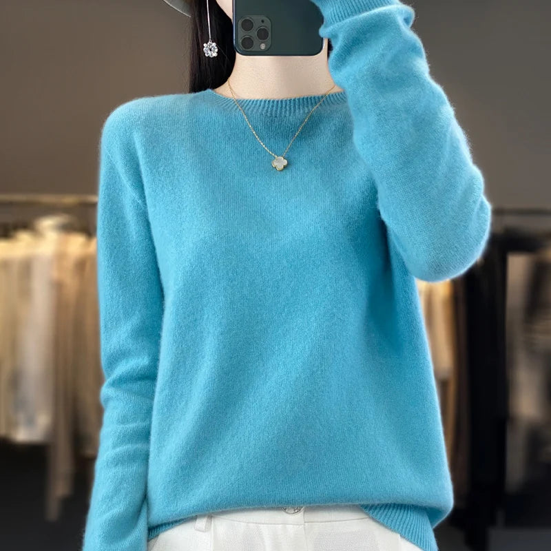Women's 100% Beautiful Wool Round Neck Top Fashion Versatile Knitted Loose Long Sleeve Pullover Thin Sweater Yuan Ling - Tasawoq