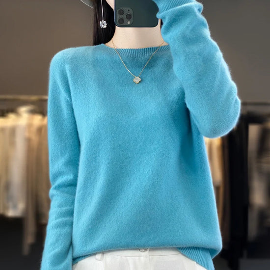 Women's 100% Beautiful Wool Round Neck Top Fashion Versatile Knitted Loose Long Sleeve Pullover Thin Sweater Yuan Ling - Tasawoq