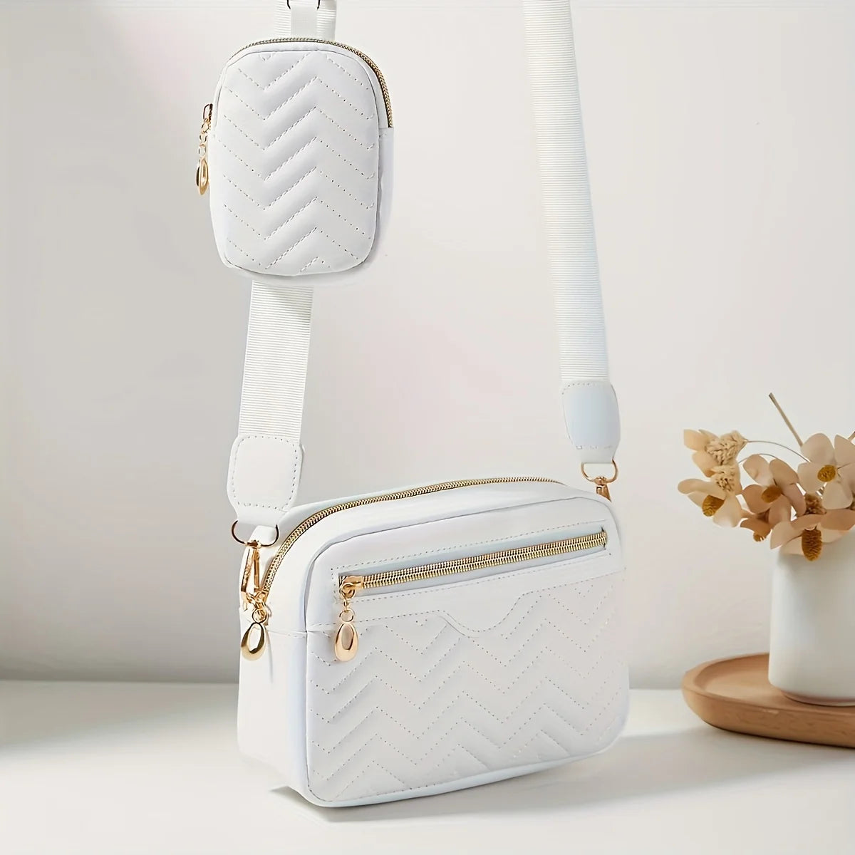 Casual Minimalist Shoulder Square Bag, With Mini Hanging Purse, Quilted Pattern Crossbody Bag For Women Two piece set - Tasawoq