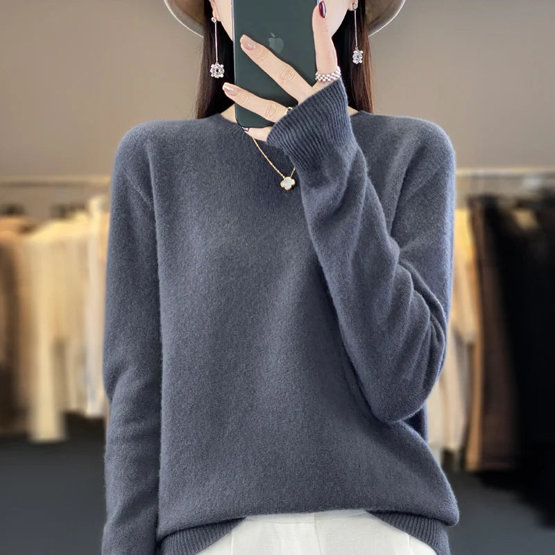 Women's 100% Beautiful Wool Round Neck Top Fashion Versatile Knitted Loose Long Sleeve Pullover Thin Sweater Yuan Ling - Tasawoq
