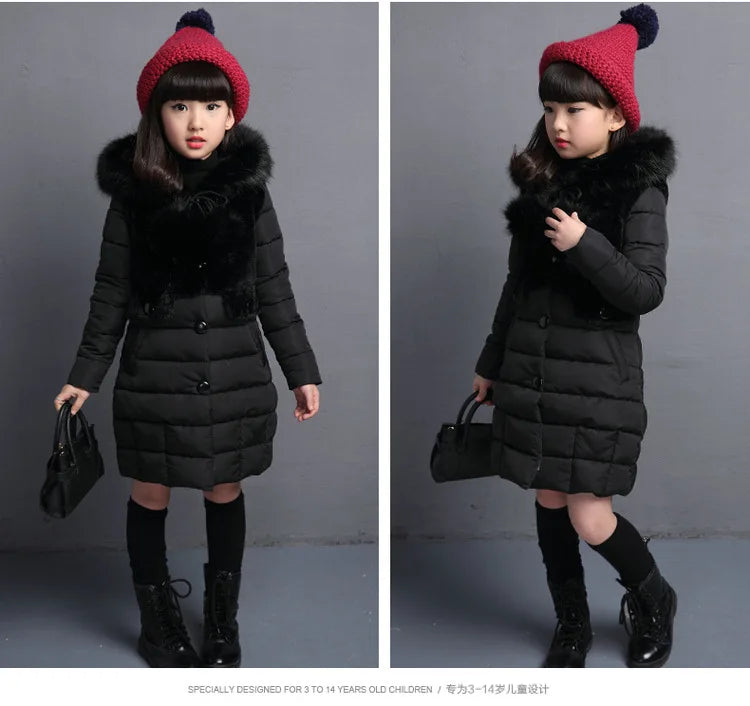 2024 Winter Warm Jackets for Girls Fashion Fur Hooded Children Girls Waterproof Outwear Kids Cotton Lined Parkas - Tasawoq