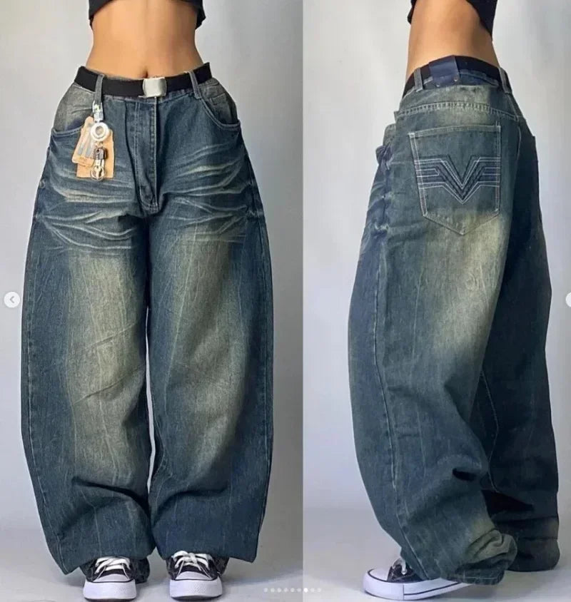 2024 New American Trend Retro Hip-hop Embroidery Pattern Baggy Jeans For Men And Women Y2K Harajuku Gothic Wide Pants Streetwear - Tasawoq
