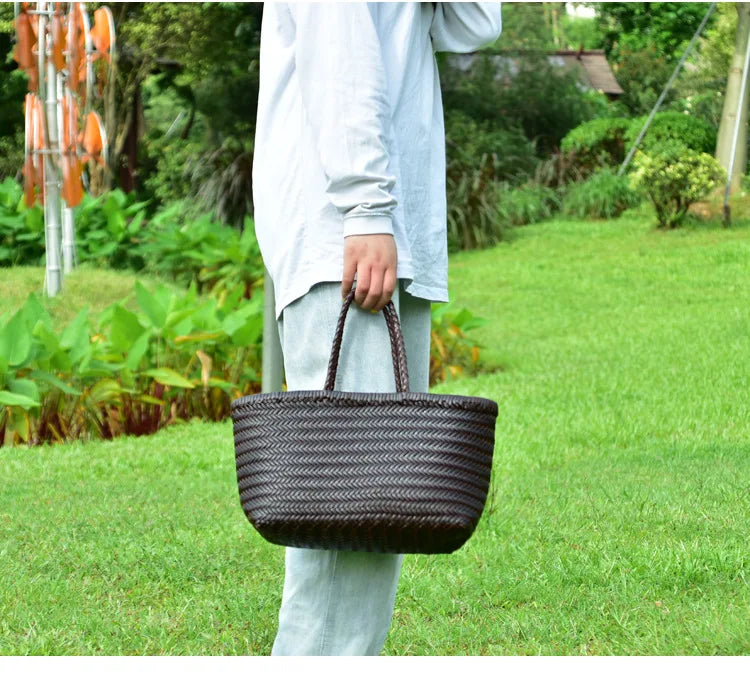 Handbags Women's Genuine Leather Shoulder Bag Weaving Casual Shopping Bag Vintage Big Tote Purse Cowhide Cross Hand Bags Lady - Tasawoq