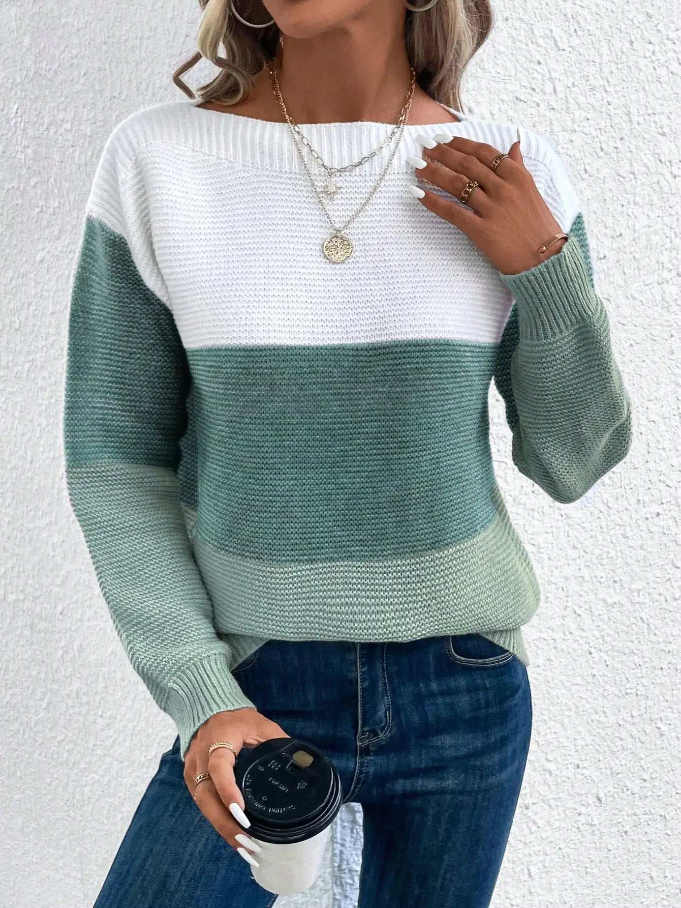 Elegant Three-color Patchwork Sweater Women Daily Commuter Casual Loose Jumpers Female Autumn Winter Knitted Thickened Warm Tops - Tasawoq