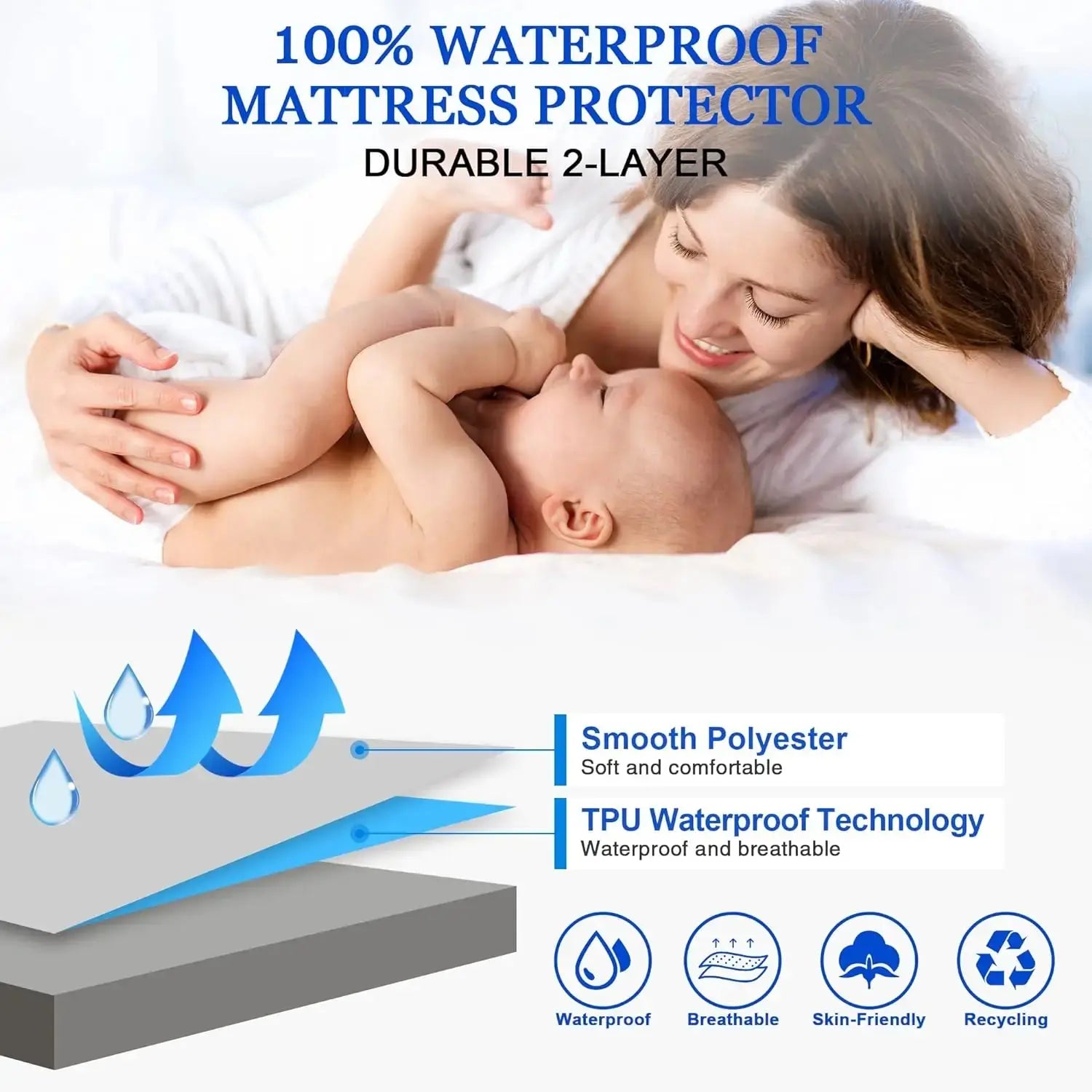 Safe Waterproof Mattress Protector, Soft Comfortable Breathable Solid Color Bedding Mattress Cover Fitted, Machine Washable - Tasawoq
