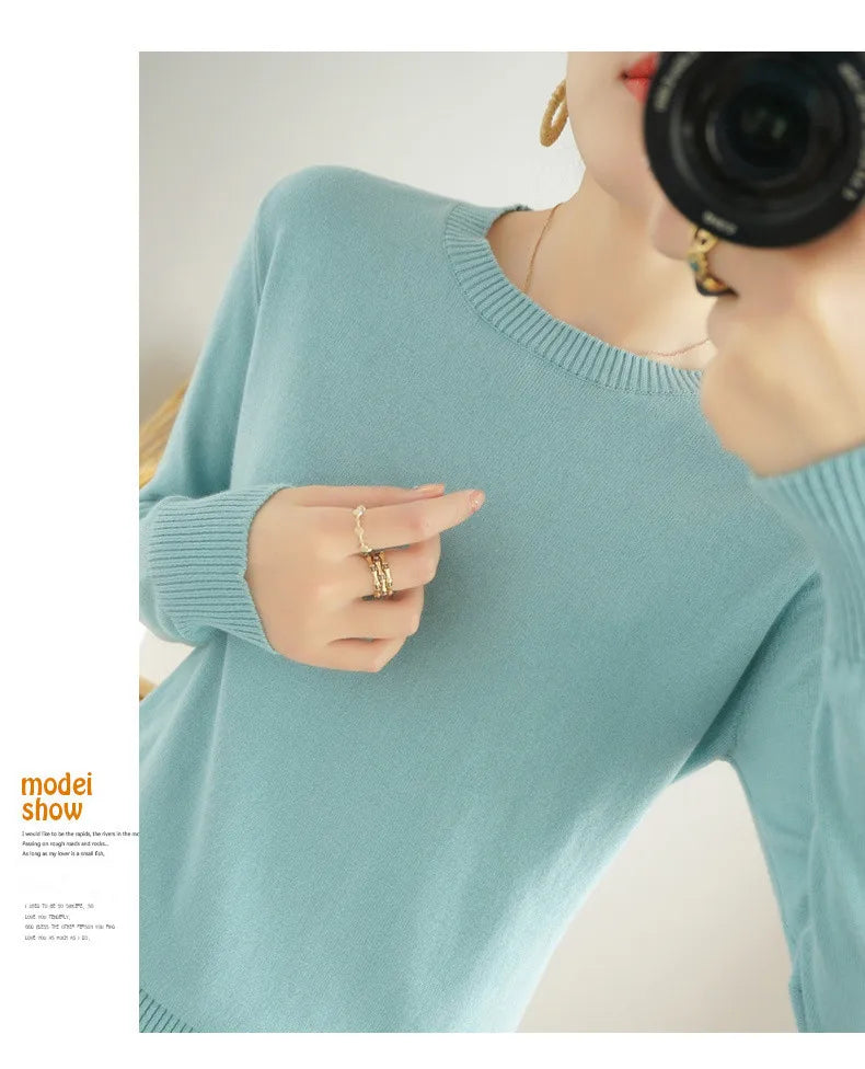 Women's 100% High-quality Cotton Knitted Sweater, Temperament Round Neck Top, Breathable And Versatile Pullover, Long Sleeved - Tasawoq