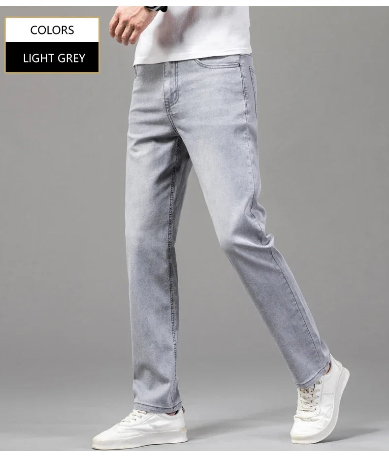Summer Thin Men's Elastic Cotton Jeans Fashion Gray Comfortable Business Straight Casual Pants Brand Male Clothes Trousers - Tasawoq