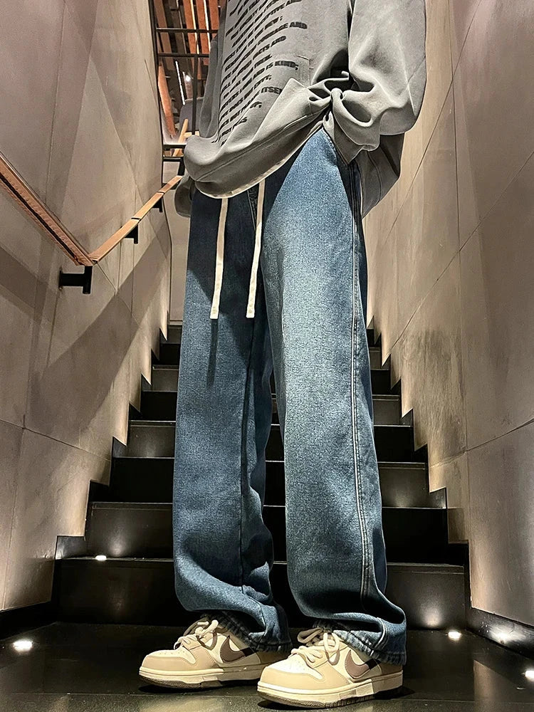 Winter Men's Jeans Korean Fashion Fleece Liner Thick Warm Straight Denim Pants Washed Cotton Retro Blue Wide Leg Jean Trousers - Tasawoq