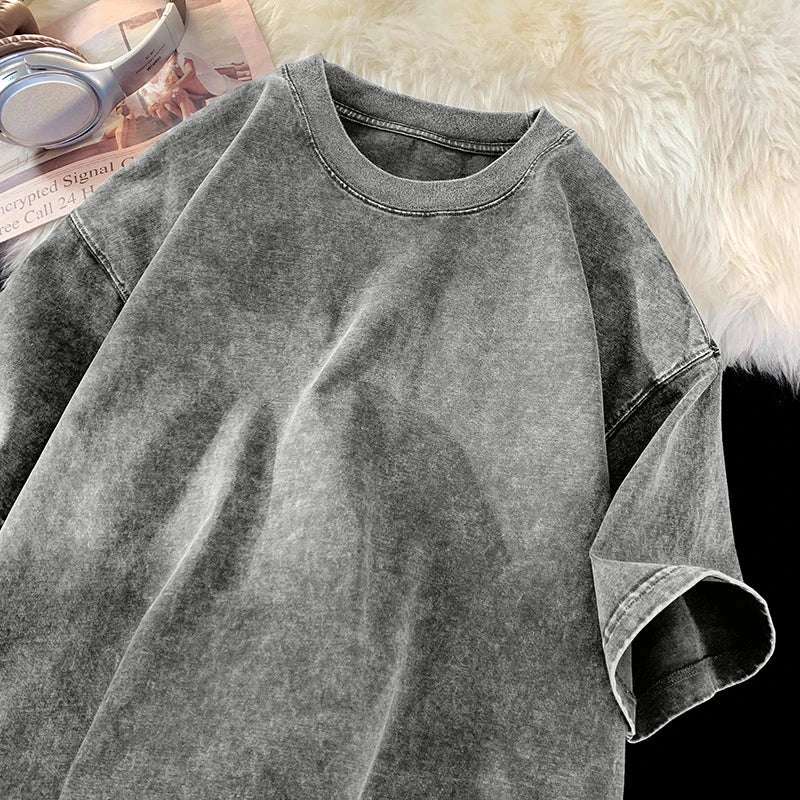 Vintage Snowflake Point Solid Color T-Shirts For Men Women 100% Cotton Short Sleeve Wash With Old Water Street Hip Hop Tee Shirt - Tasawoq
