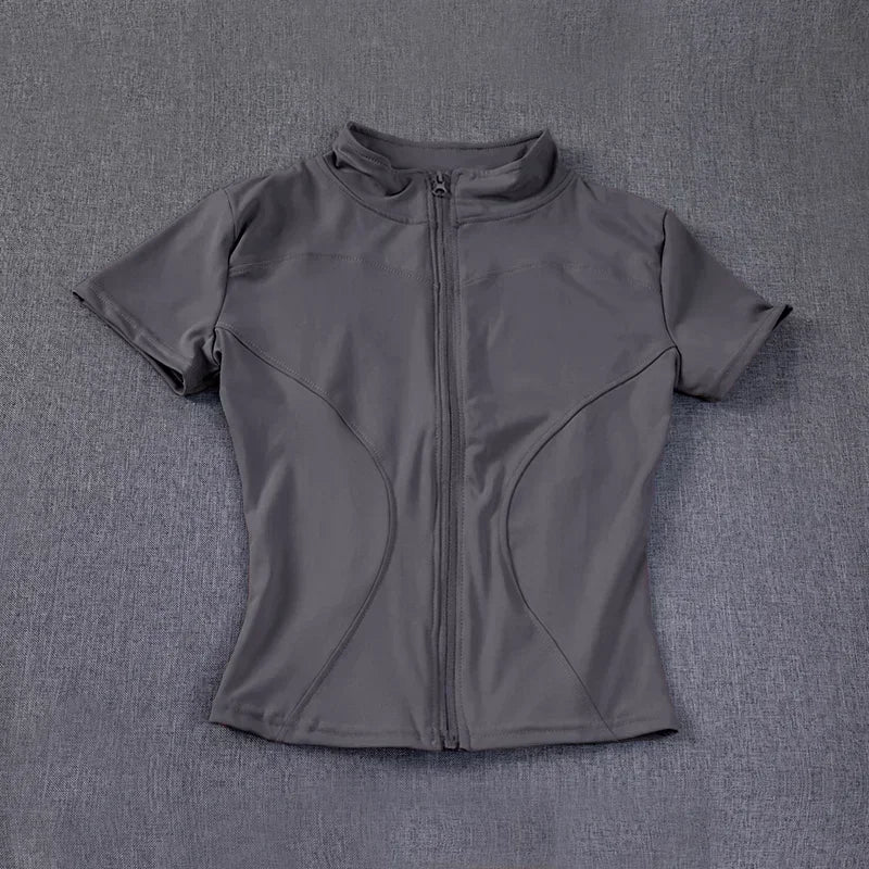 Summer High Quality Waist Slimming Training Tops Women's Quick-drying Tight Stand Collar Full Zipper Short Sleeves Yoga shirts - Tasawoq
