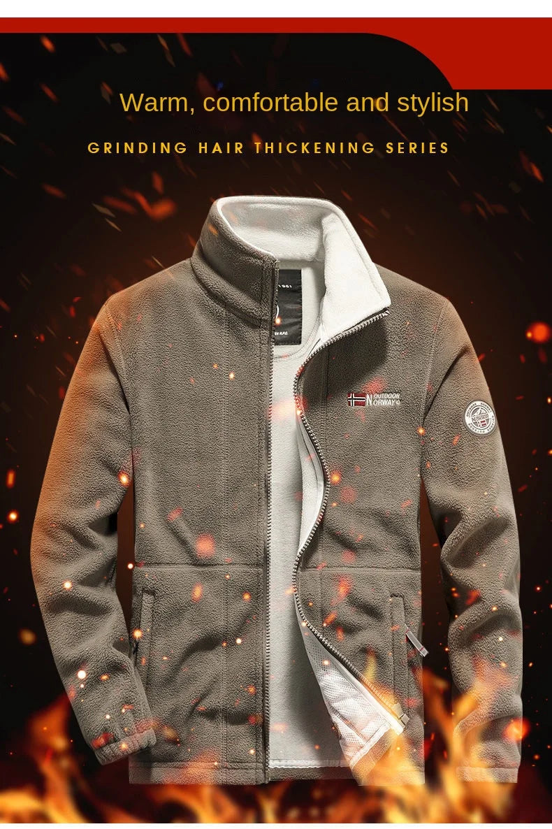Winter Warm Fleece Jacket Men's Climbing Double Thickened Pocket Jacket Outdoor High Collar Windproof Ski Sweatshirt Coat Men - Tasawoq