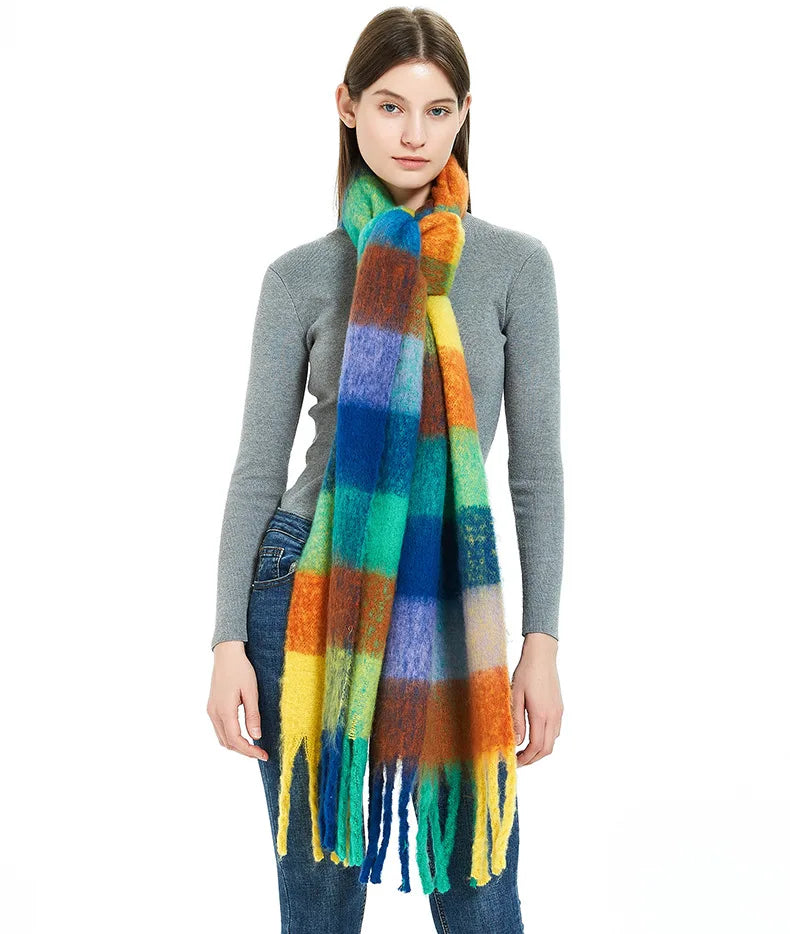 2025 Winter Thick Warm Scarf Women Cashmere Shawl and Wraps Pashmina Neckerchief Bufanda Female Rainbow Hairy Tessel Echarpe New - Tasawoq