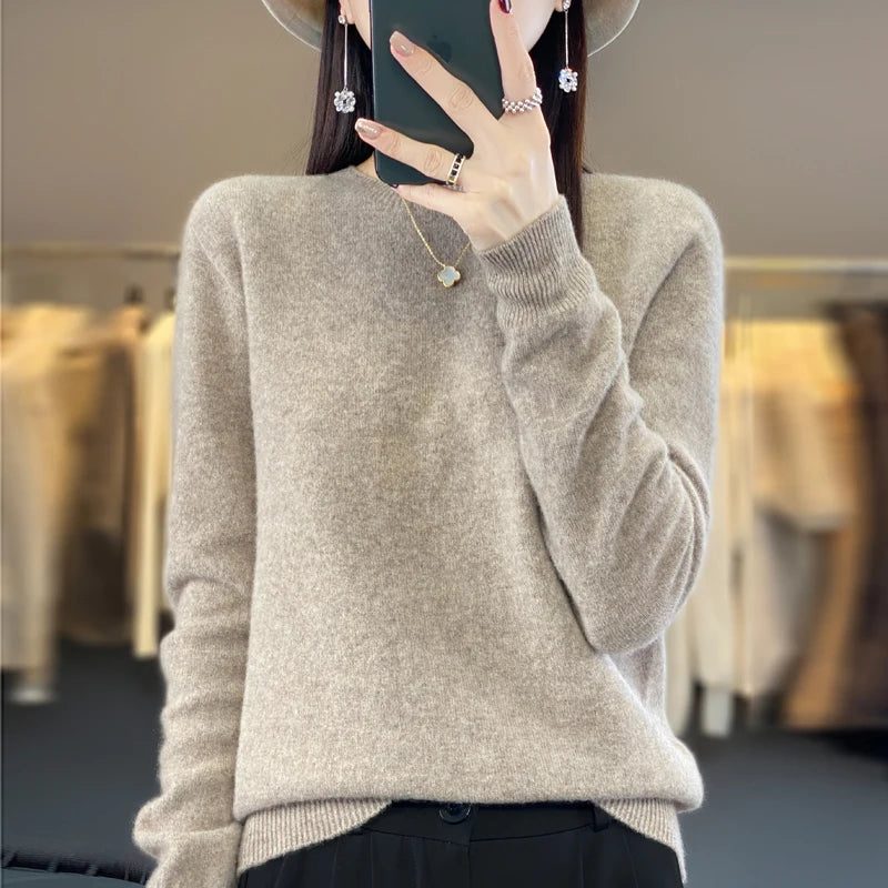 Women's 100% Beautiful Wool Round Neck Top Fashion Versatile Knitted Loose Long Sleeve Pullover Thin Sweater Yuan Ling - Tasawoq