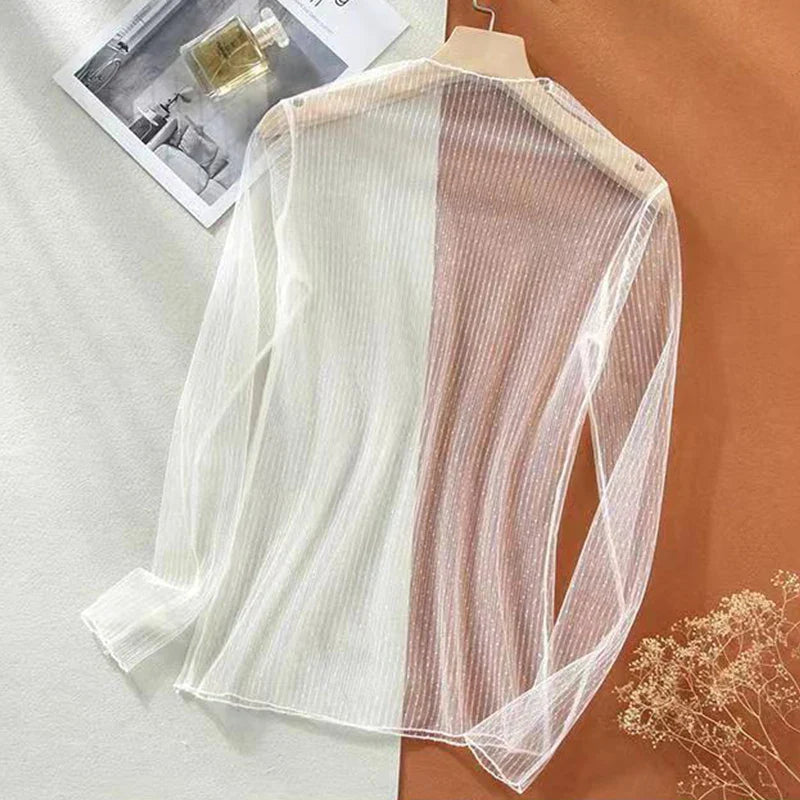 Sexy Women Mesh T-Shirts See-Through Perspective Tshirt Sunscreen Tops Long Sleeve Bottoming Shirts Club Party Black Tee Shirts - Tasawoq