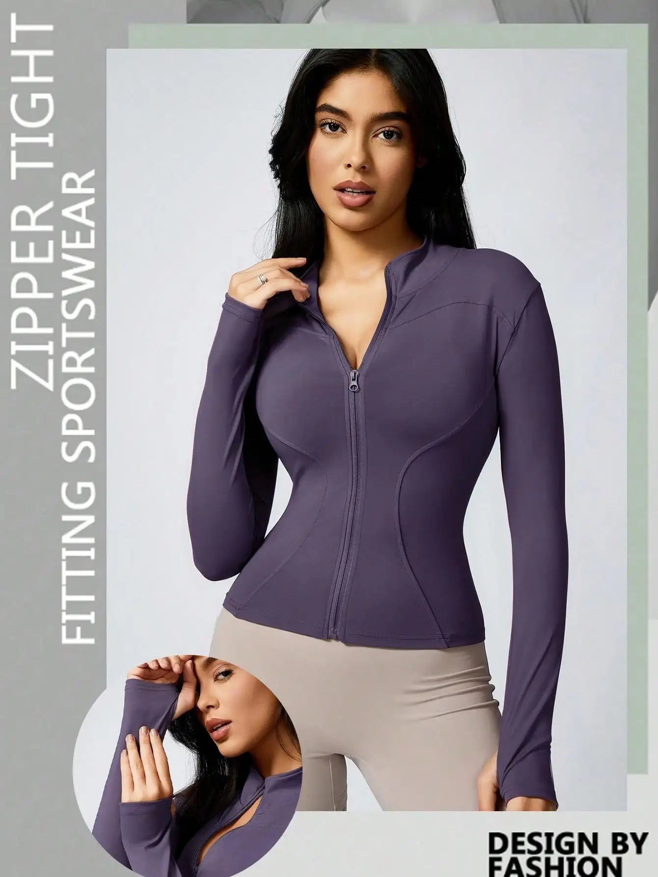 Women's Solid Color Zipper Turtleneck Sports Jacket, Long-Sleeved Sports Top, Gym Wear, Ladies' Sportswear for Indoor and Outdoo - Tasawoq
