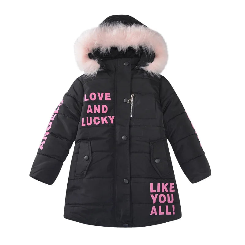 2024 Winter Warm Jackets for Girls Fashion Fur Hooded Children Girls Waterproof Outwear Kids Cotton Lined Parkas - Tasawoq